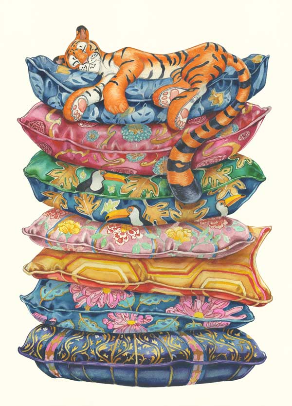 Tiger Sleeping On A Pile Of Cushions