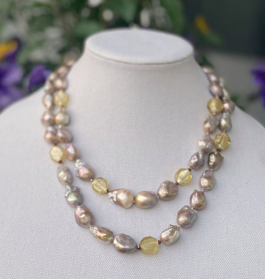 Pink Champagne Pearl Natural Double Strand Necklace