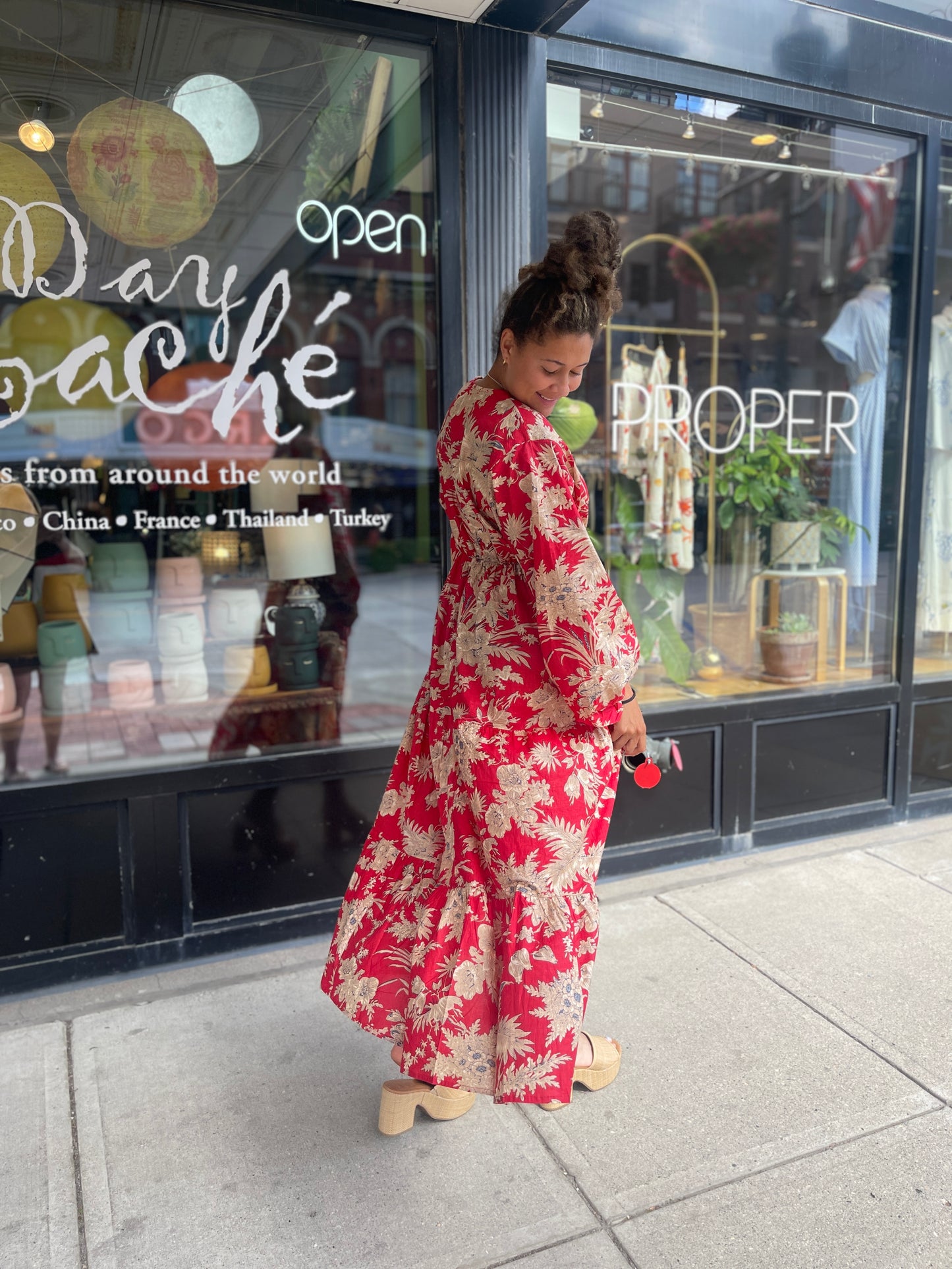 Red Floral Block Printed Maxi Dress