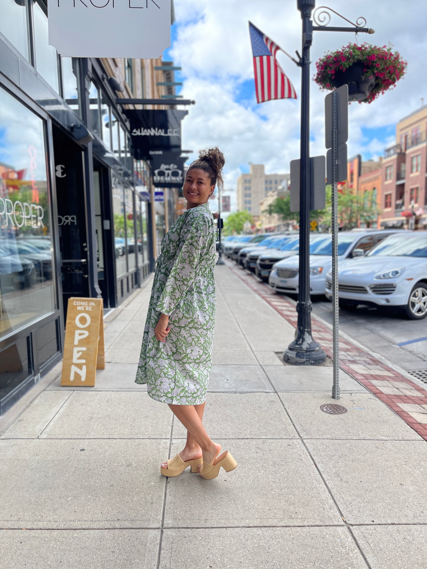 Green Floral Drawstring Dress