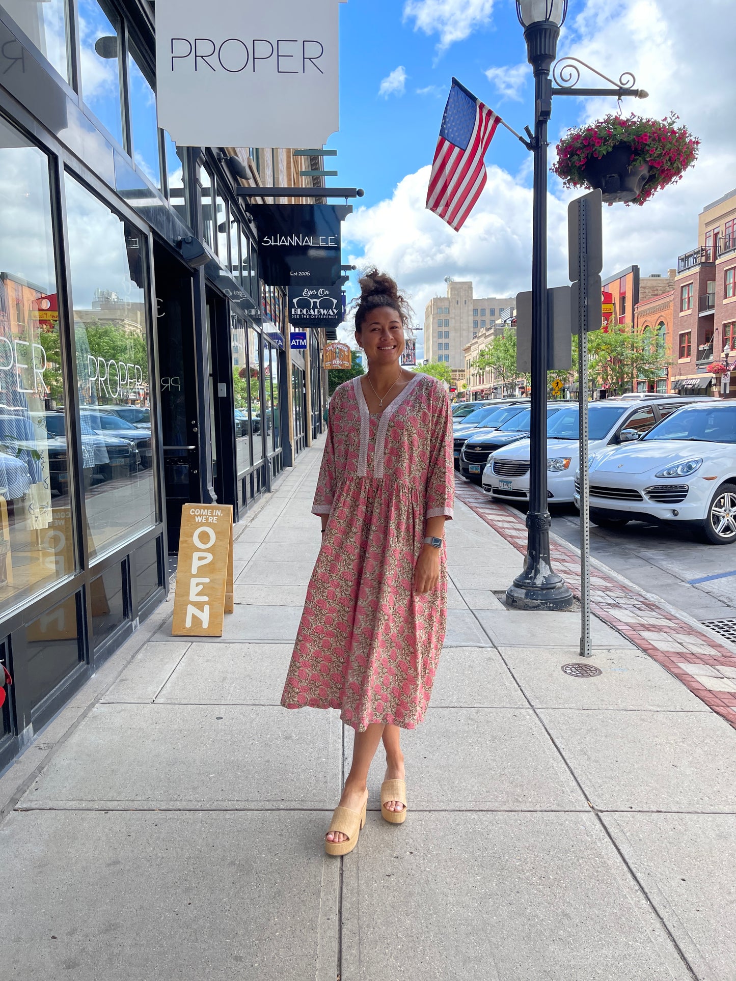 Pink Floral & Green Leaf Block Print Dress