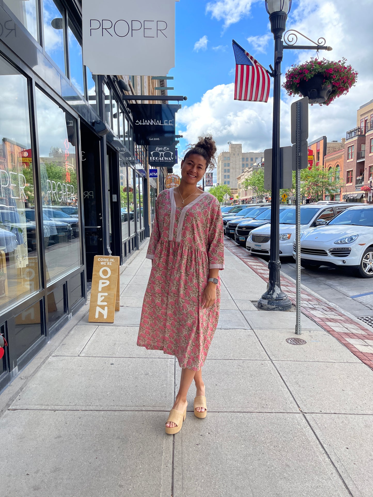 Pink Floral & Green Leaf Block Print Dress