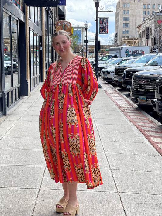 Tiger Striped Pink & Orange  Midi Dress