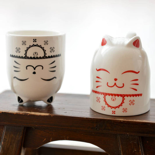 Ceramic Cat Mugs - Red & Black - Set of 2