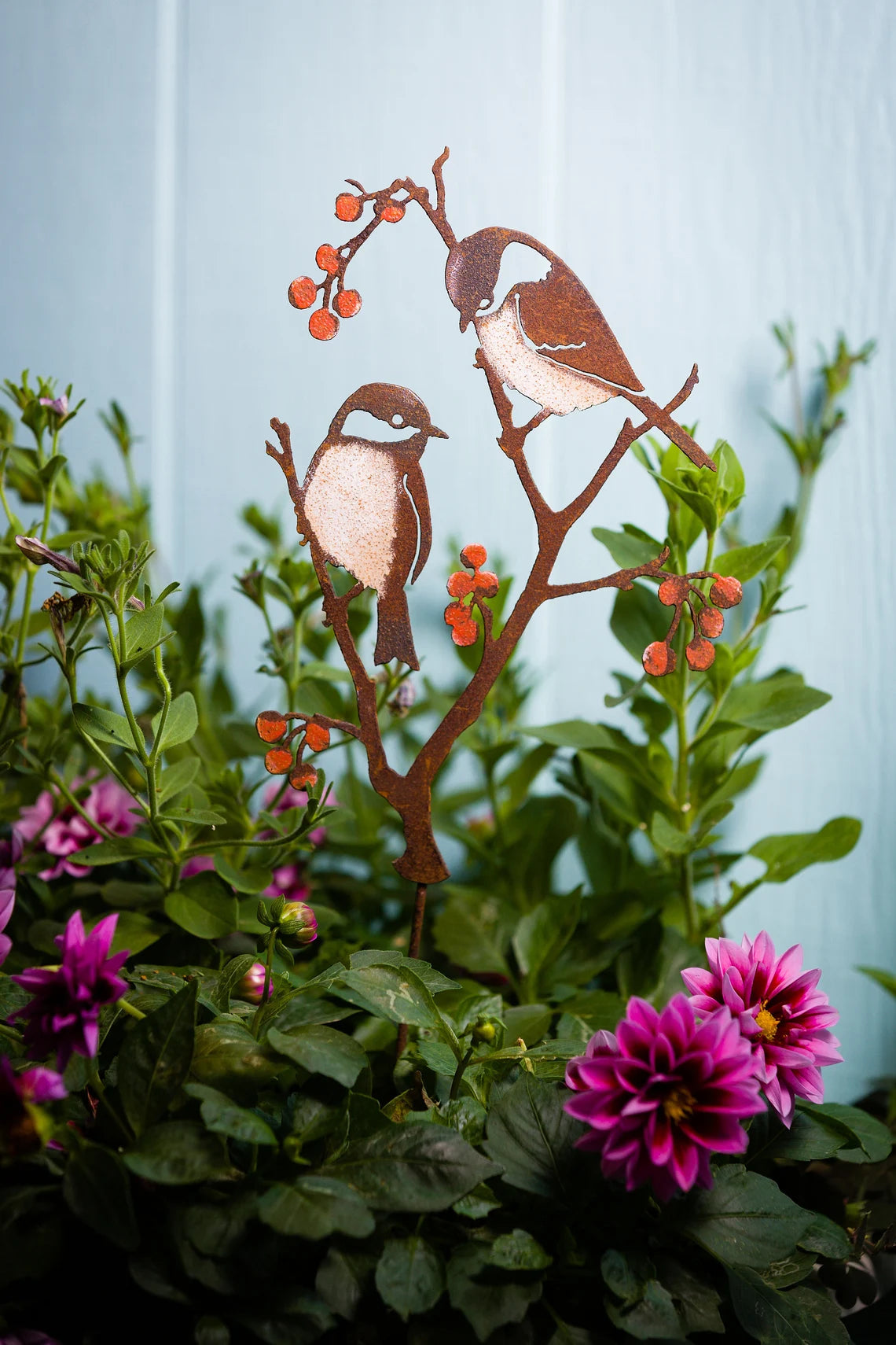 Metal Hand Painted Chickadees and Berries Garden Art