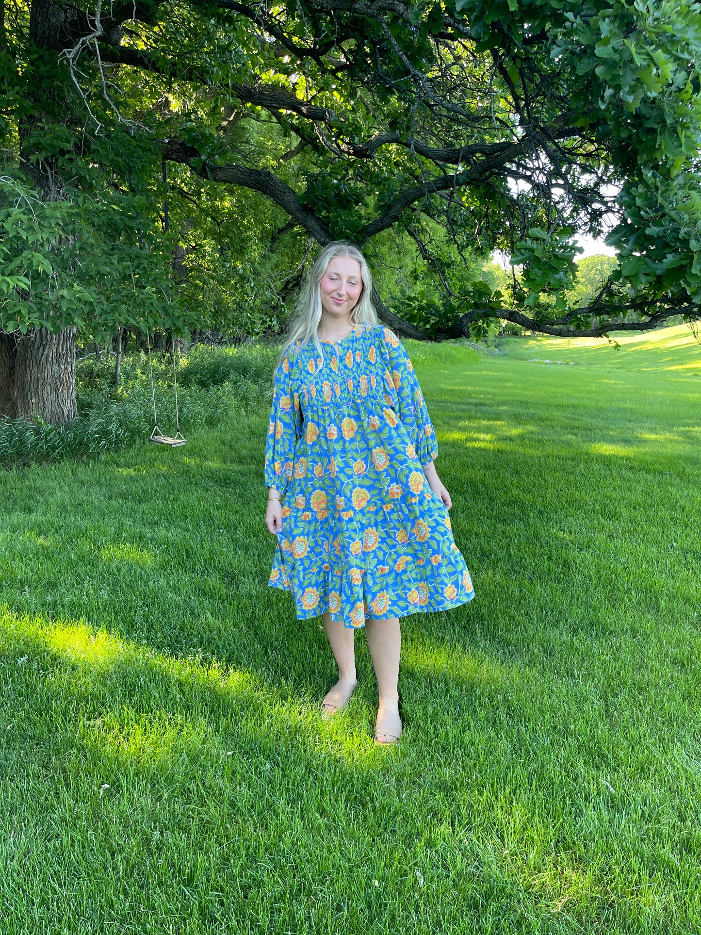 Cotton Block Printed Yellow & Blue Floral Dress