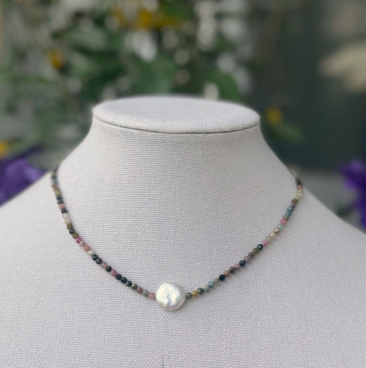 Tourmaline Gemstone & Coin Pearl Necklace