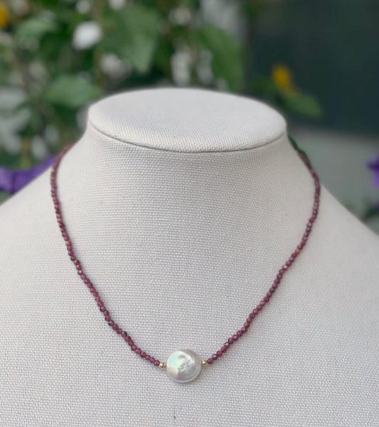 Garnet Gemstone & Coin Pearl Necklace