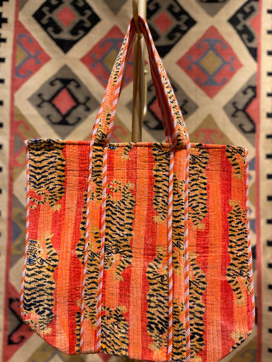 Orange Tiger Print Velvet Cotton Tote