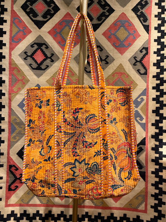 Light Orange Floral Velvet Cotton Tote