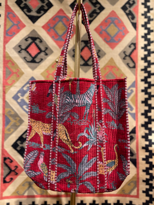 Deep Red Velvet Wild Animal Print Tote