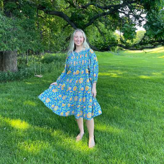 Cotton Block Printed Yellow & Blue Floral Dress