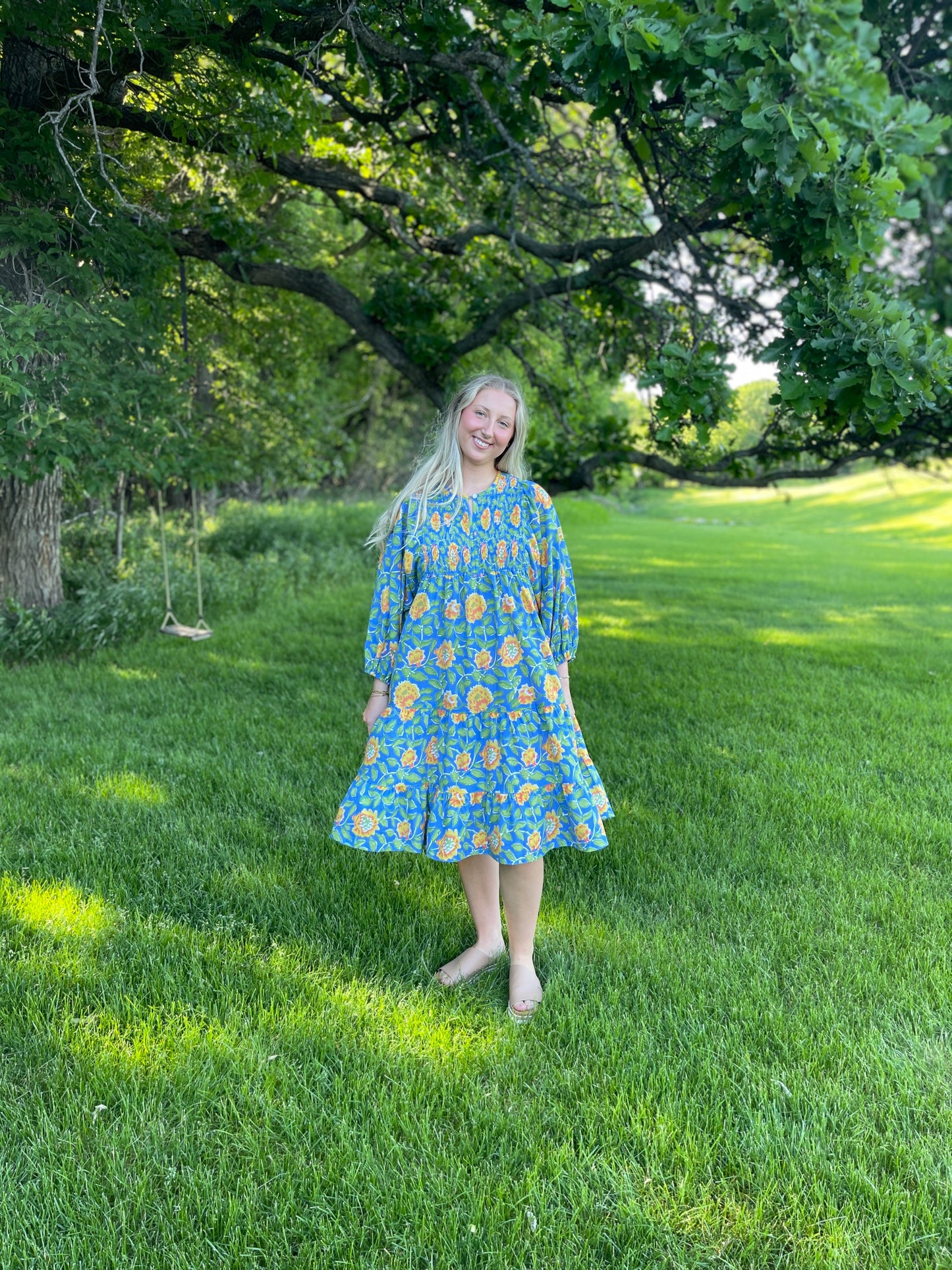 Cotton Block Printed Yellow & Blue Floral Dress