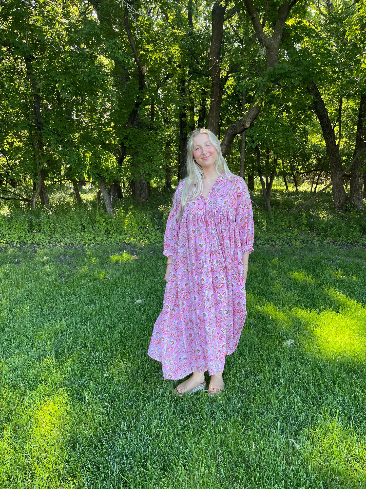 Pink Floral Cotton Maxi Dress