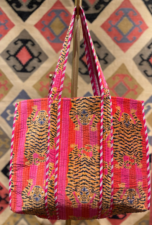 Tiger Hot Pink & Orange Velvet Cotton Tote Bag