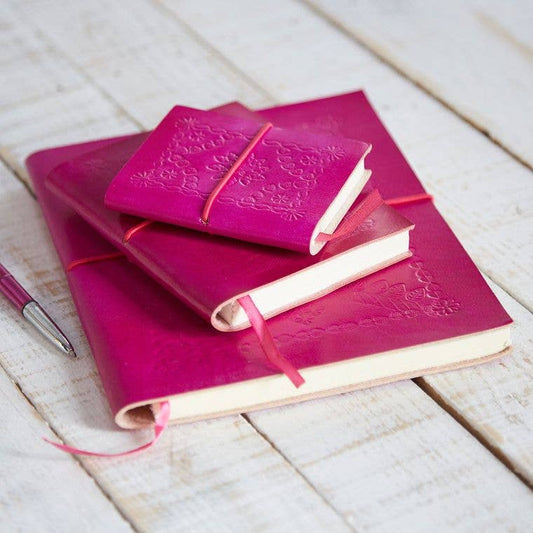 Handcrafted Fuchsia Embossed Leather Notebook Large