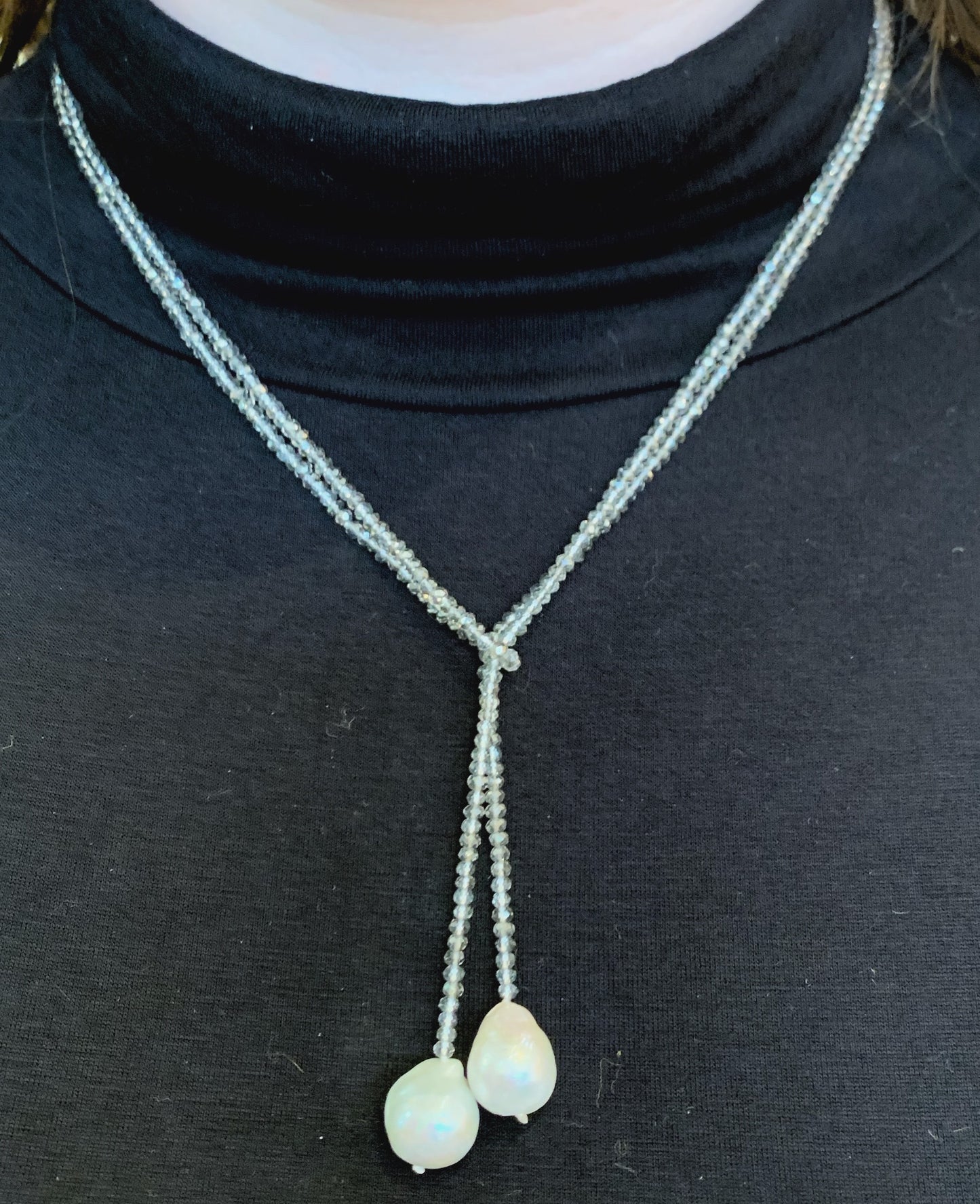 Cream Crystal & Natural Baroque Pearl Lariat