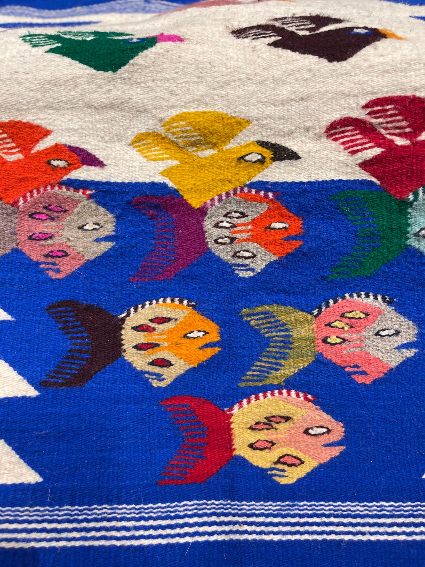 Handwoven Wool Rug Fish & Bird Design