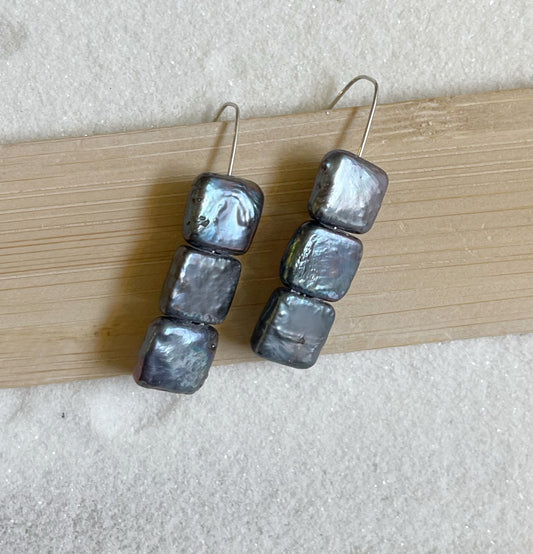 Three Gray Square Pearl Earrings