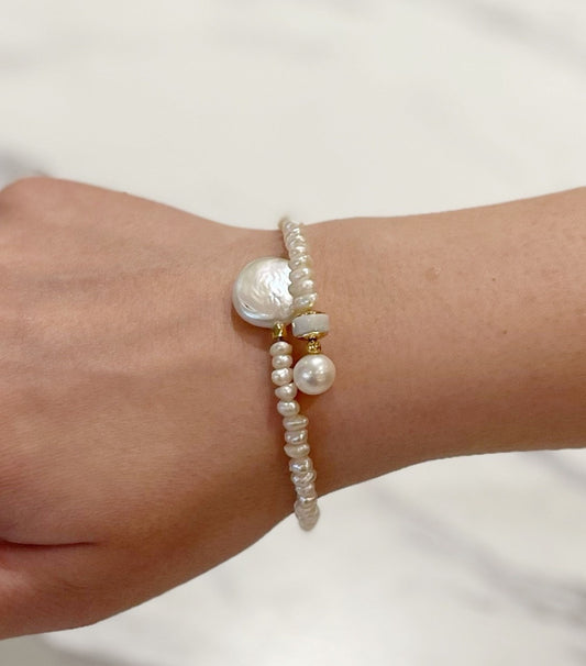 Moonstone, Pearl & Coin Pearl Memory Wire Bracelet