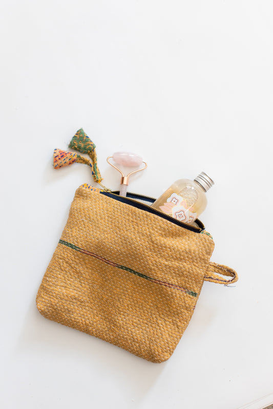 Kantha Zipper Pouch-Gold With Fish