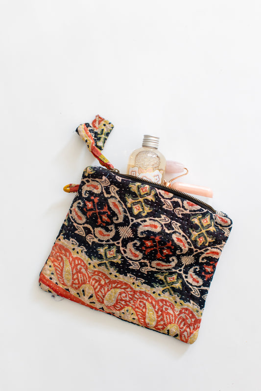 Kantha Zipper Pouch-Black-Coral