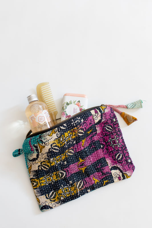 Kantha Zipper Pouch-Turquoise Black