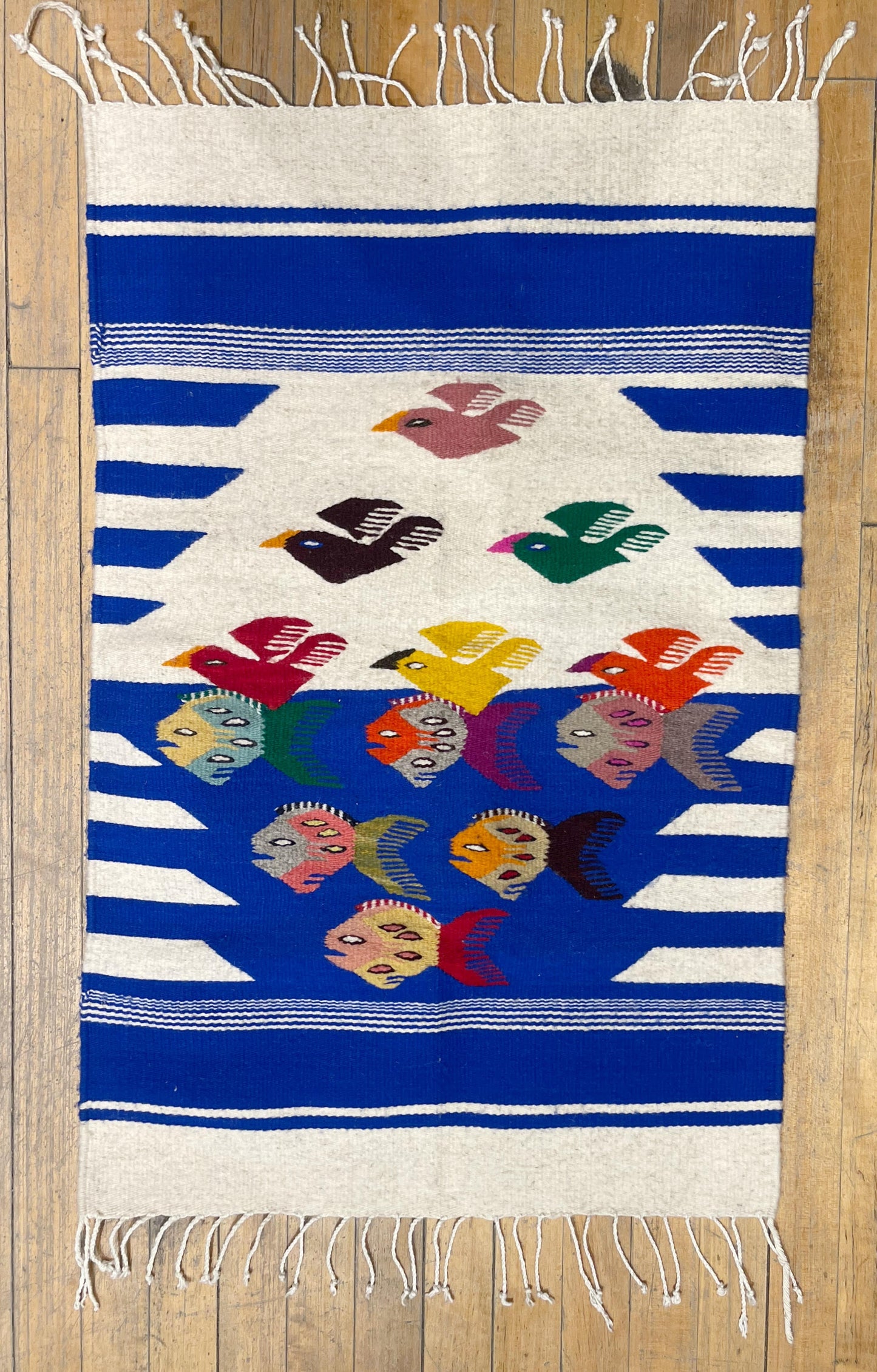 Handwoven Wool Rug Fish & Bird Design