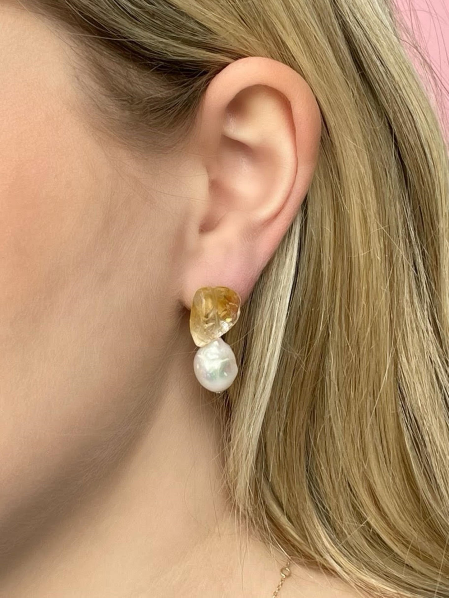 Raw Citrine & Large Pearl Earrings